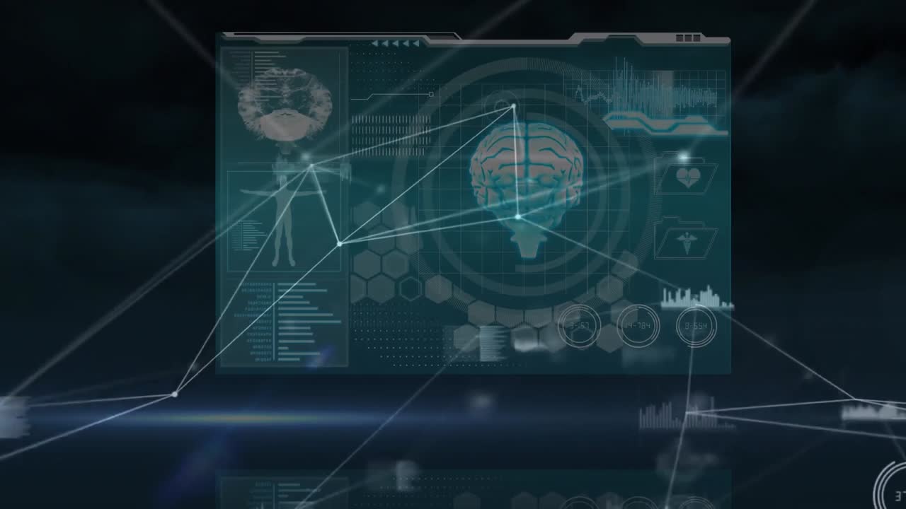 Animation of network of connections and data processing on black background