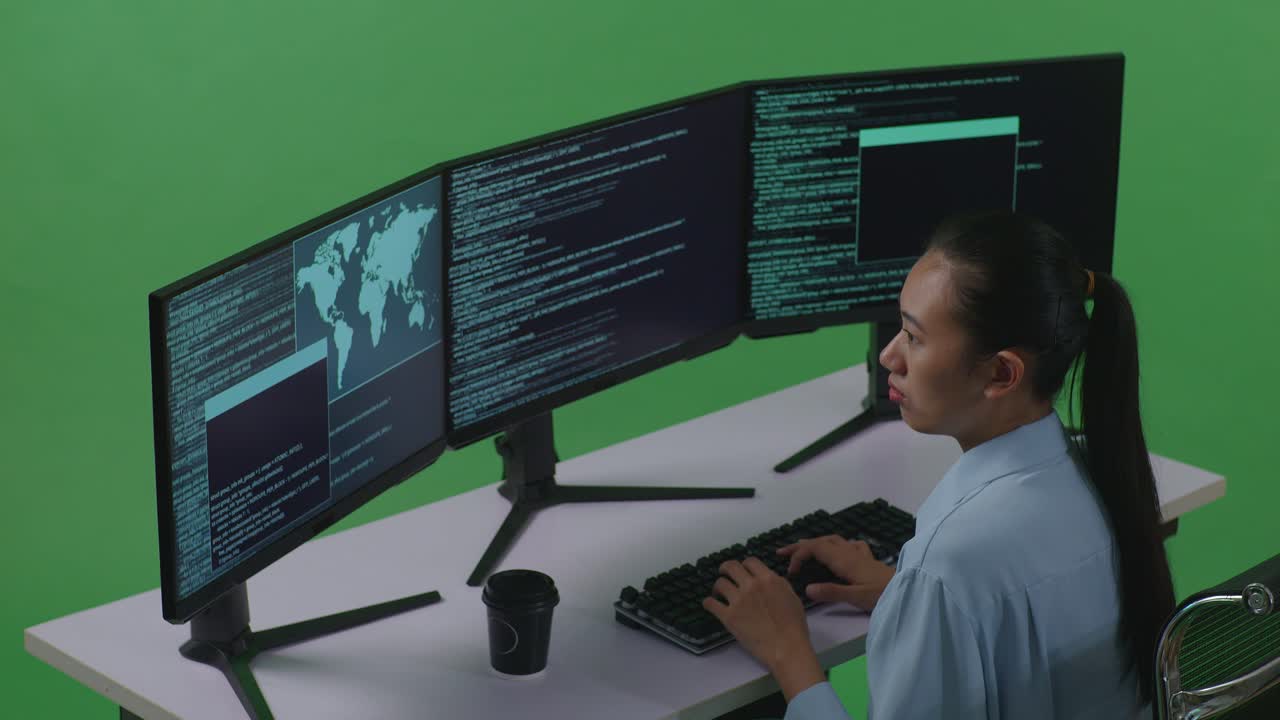 Side View Of Asian Woman Developer Drinking Coffee And Using Computer To Write Code With Multiple Screens In Green Screen Studio