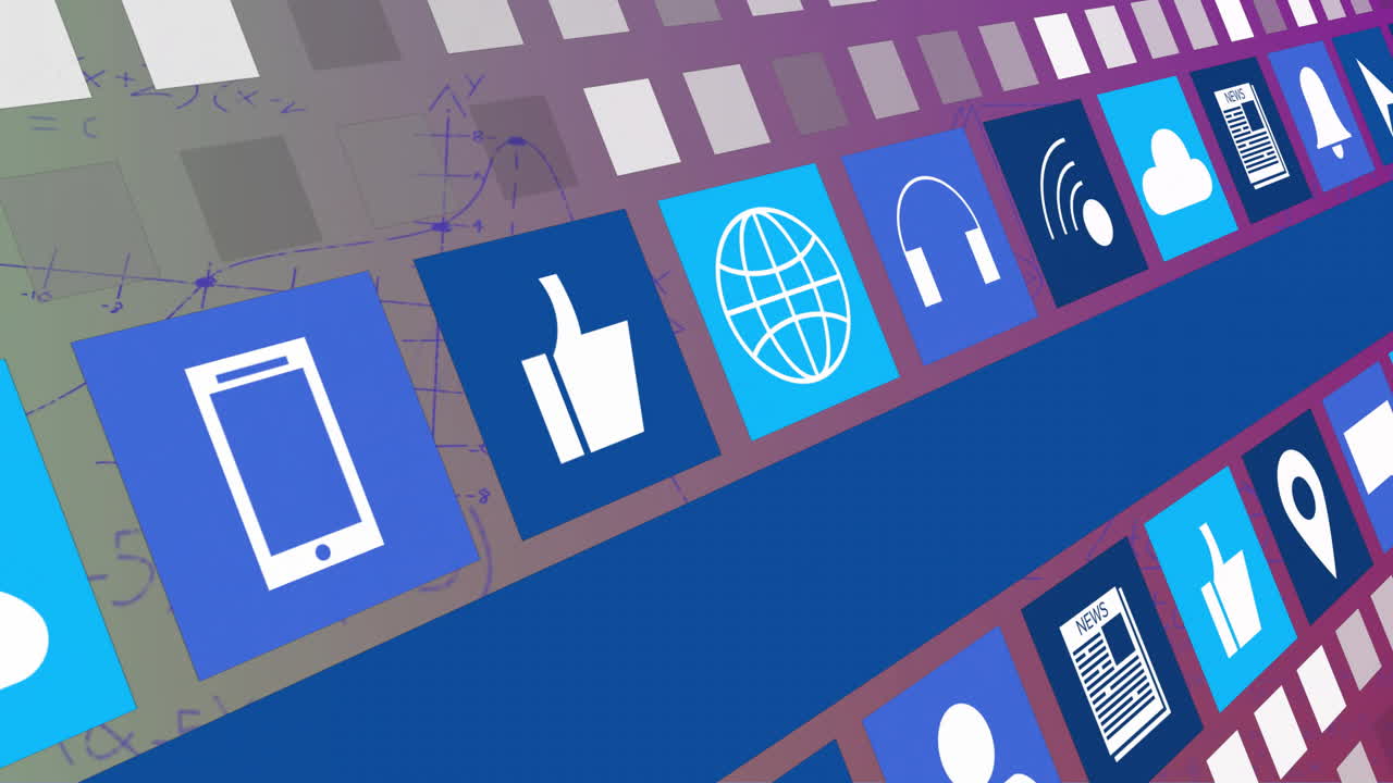 animación de iconos y procesamiento de datos digitales sobre fondo azul