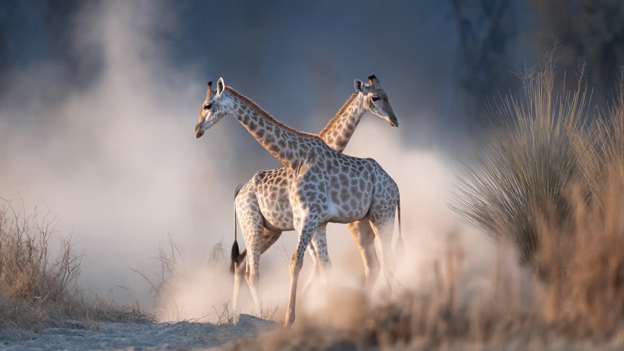 Two Graceful Giraffes Interact Amidst Dusty Landscape, Capturing the Beauty and Elegance of Wildlife in Their Natural Habitat