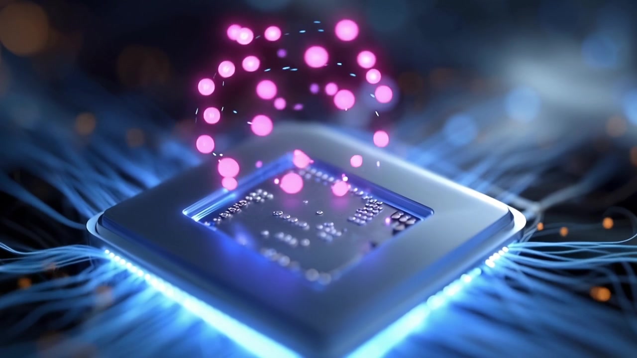 Exploring the Intricate Design and Functionality of a High-Tech Microchip with Dynamic Light Effects and Vibrant Particles Representing Data Flow