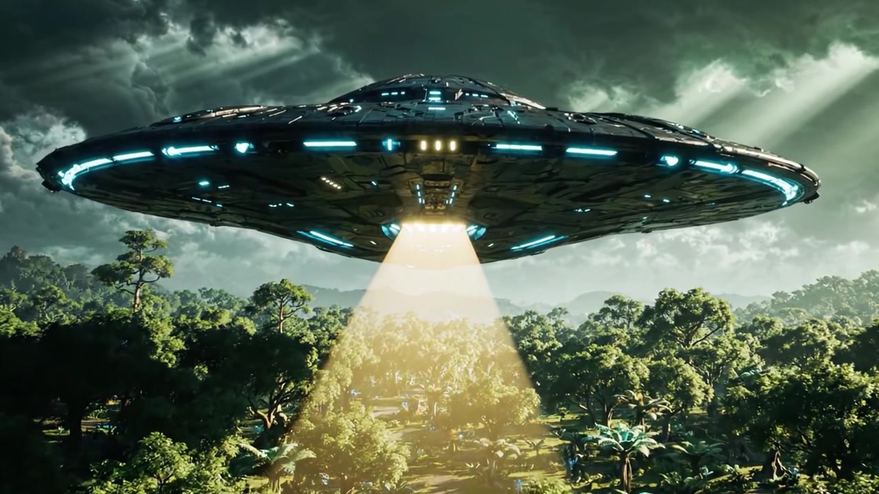 An Unidentified Flying Object Suspended Over a Lush Landscape, Emitting a Mysterious Beam of Light as It Prepares for Interaction in a Pristine Environment