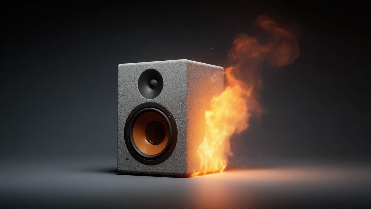 An explosive visual representation of sound, showcasing a speaker wrapped in flames, capturing the intense power and energy associated with audio experiences