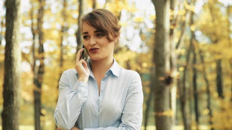 woman talking on phone. attractive woman talking on phone in autumn park