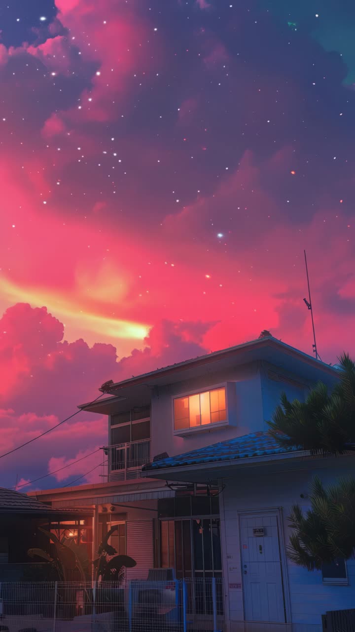 夕暮れの家をローアングルで捉えた夢のような映像。空は鮮やかなピンク色に染まっている。