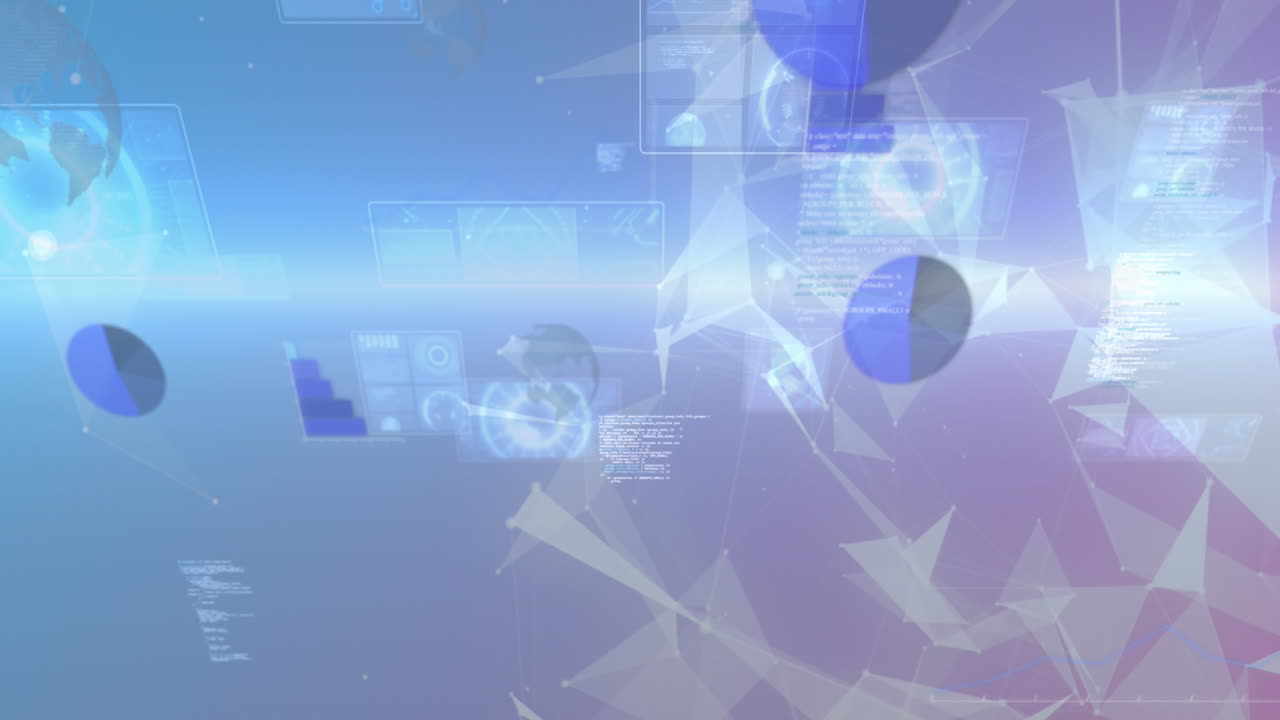 다중 둥근 스캐너의 애니메이션 및 그래디언트 배경에서 플렉서스 네트워크를 통해 데이터 처리