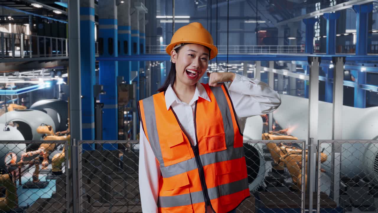 공장에서 몸짓을 하는 여성 엔지니어