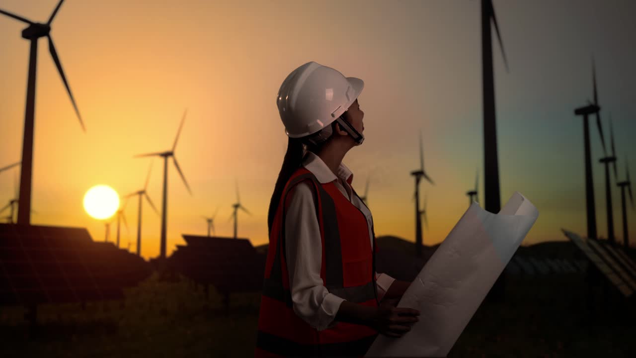 Side View Of Asian Female Engineer In A Helmet Standing In Front Of Wind Turbines Rotating At Sunset, Looking At The Blueprint And Looking Around