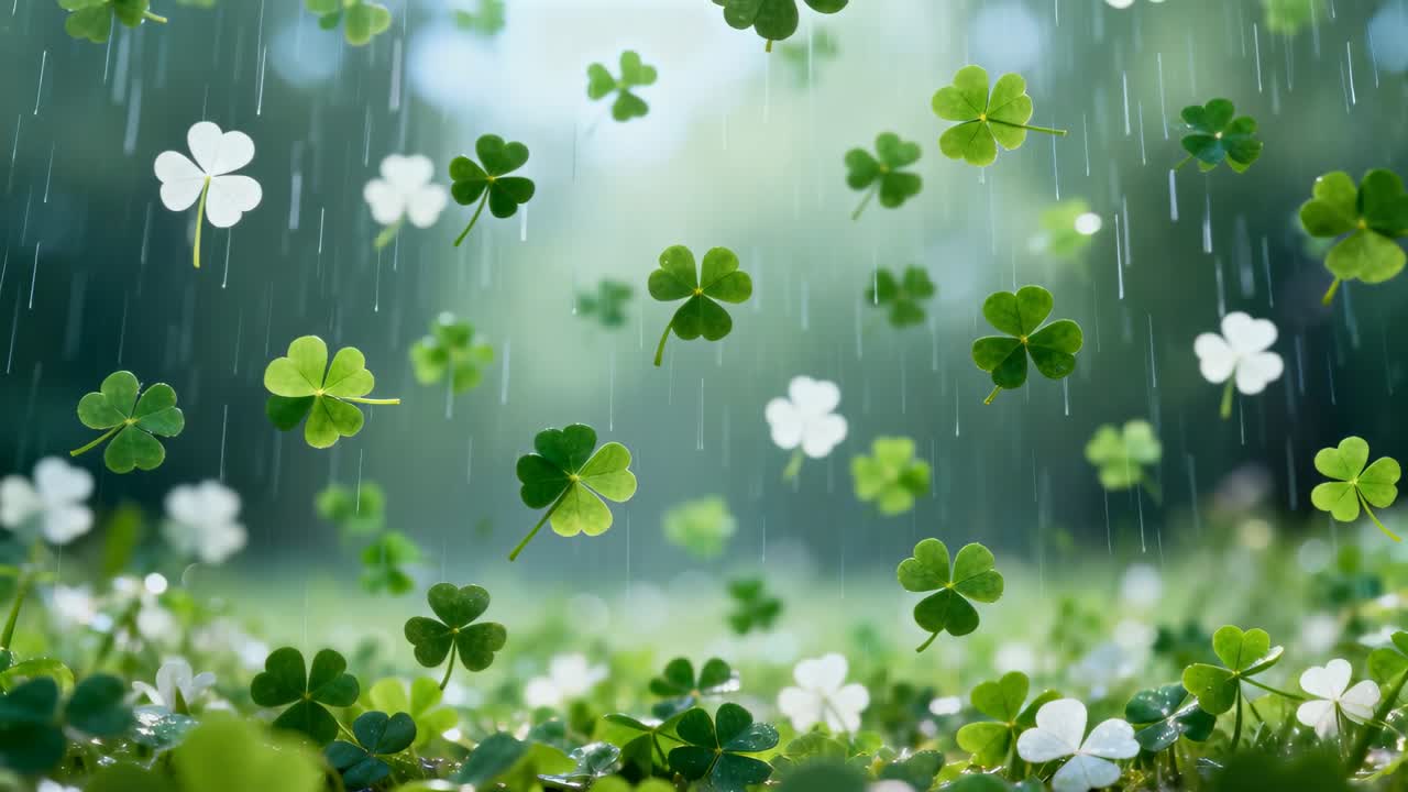 Falling rain sending three-leaf clover leaves spiraling down and settling on grass, with raindrops