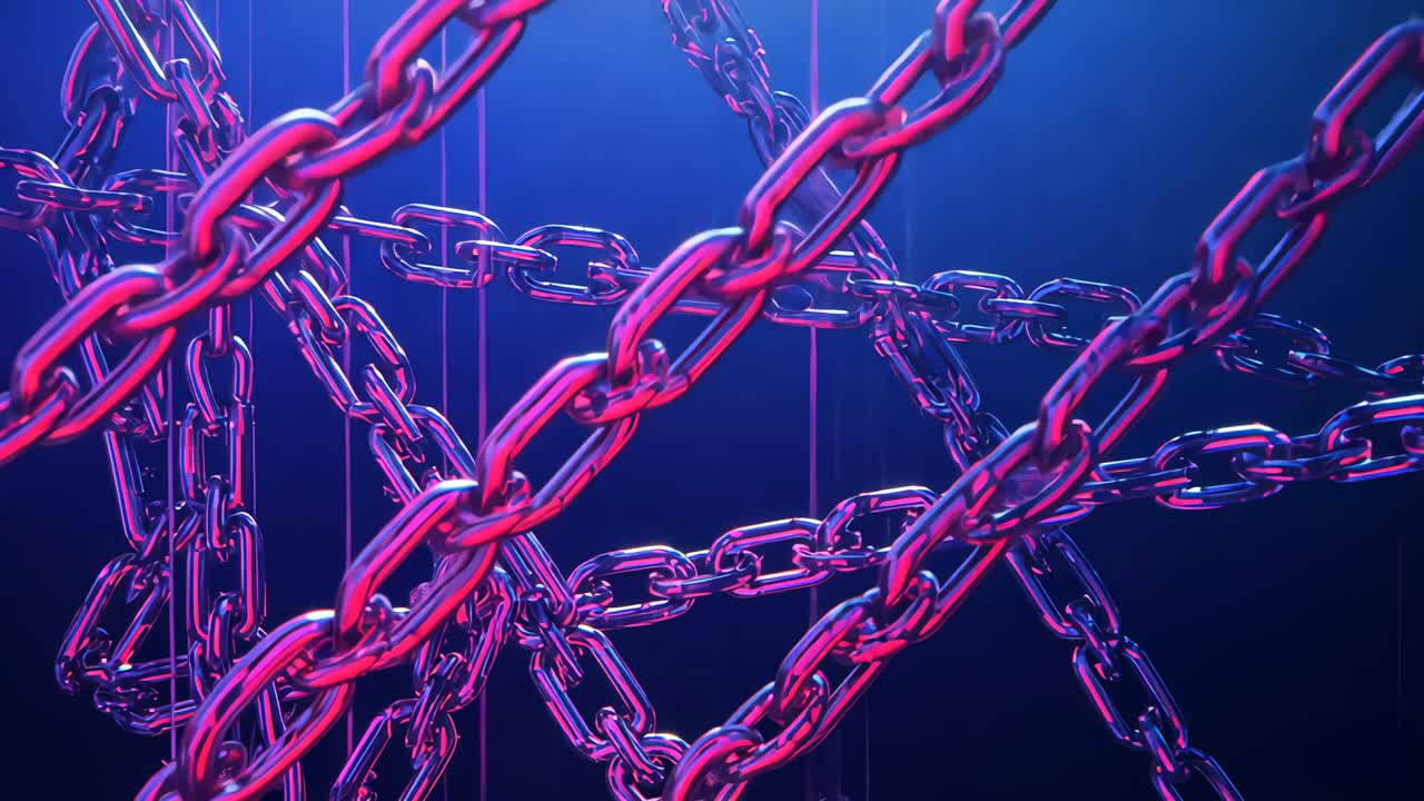 Red-blue light pulsing, chains shimmering, camera dollying and zooming into link in studio, wires
