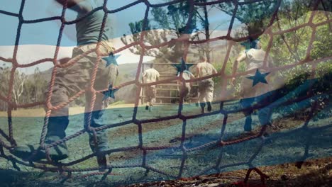 animation of flag of honduras over diverse male soldiers during training