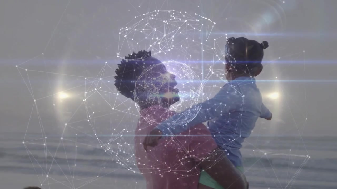 Padre che sposta il peso, stabilizzando la figlia in spiaggia, con una sovrapposizione di un globo digitale che attraversa l'inquadratura per la tecnologia