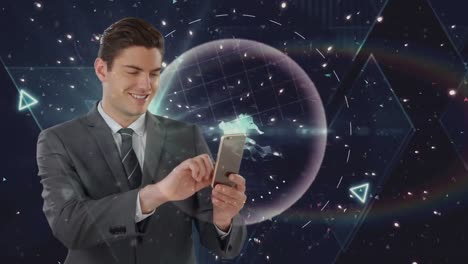 man on phone smilling over animate background.