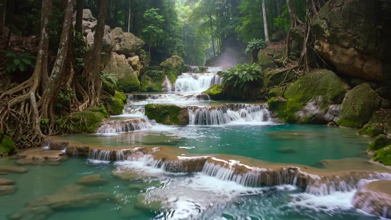 Cascata di travertino a più livelli che scorre e pozze turchesi in una gola boschiva ombreggiata, alimentata da una sorgente.