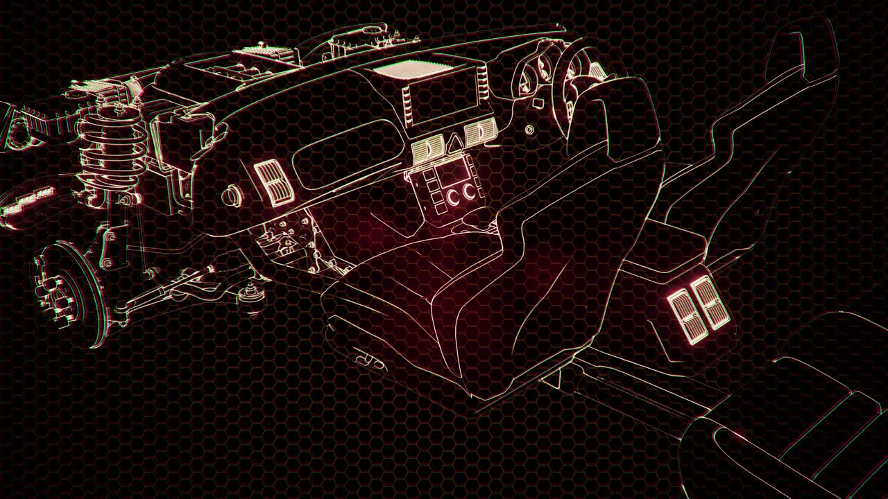 엔진이 있는 3d 와이어프레임 자동차 모델의 홀로그래픽 애니메이션