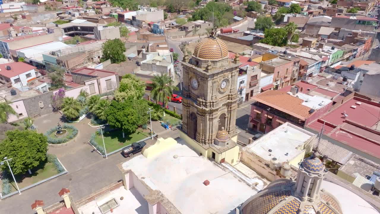 The Inmaculada Concepcion Parish catholic church watch tower, Immaculate Conception in Amatitan, Jalisco, Drone shot