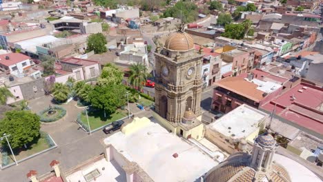 the inmaculada concepcion parish catholic church watch tower, immaculate conception in amatitan, jalisco, drone shot
