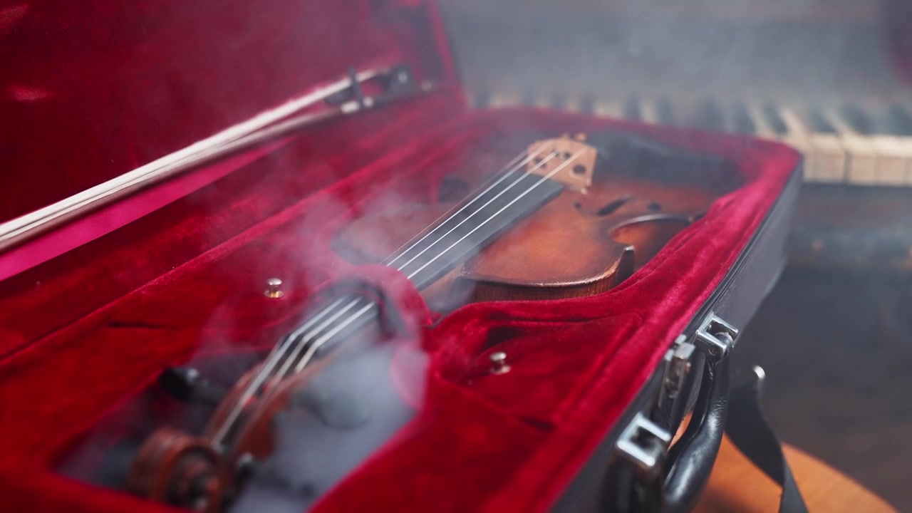 Violino e archetto rivelati in una custodia di velluto rosso con fumo
