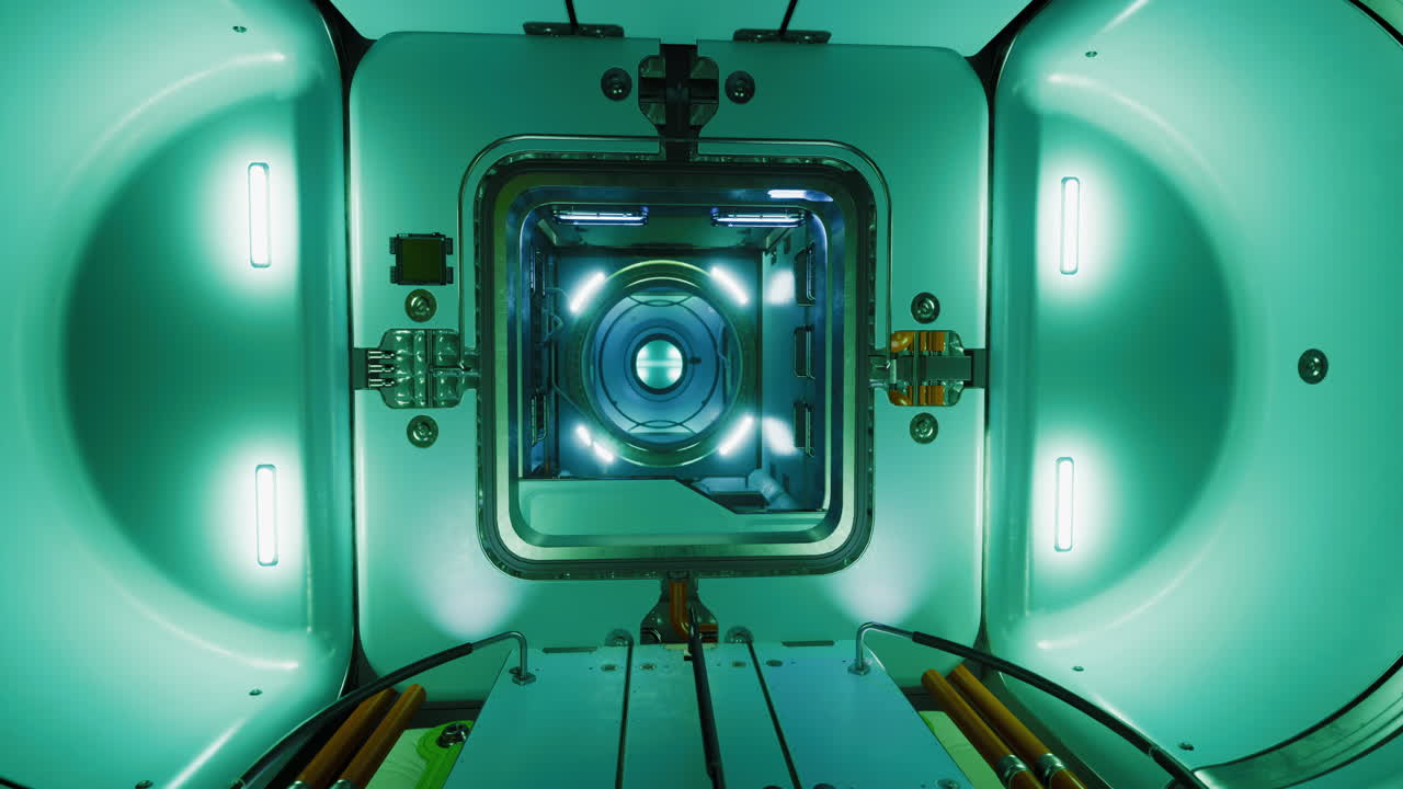 Interior of a futuristic control chamber with blue glow and technology features