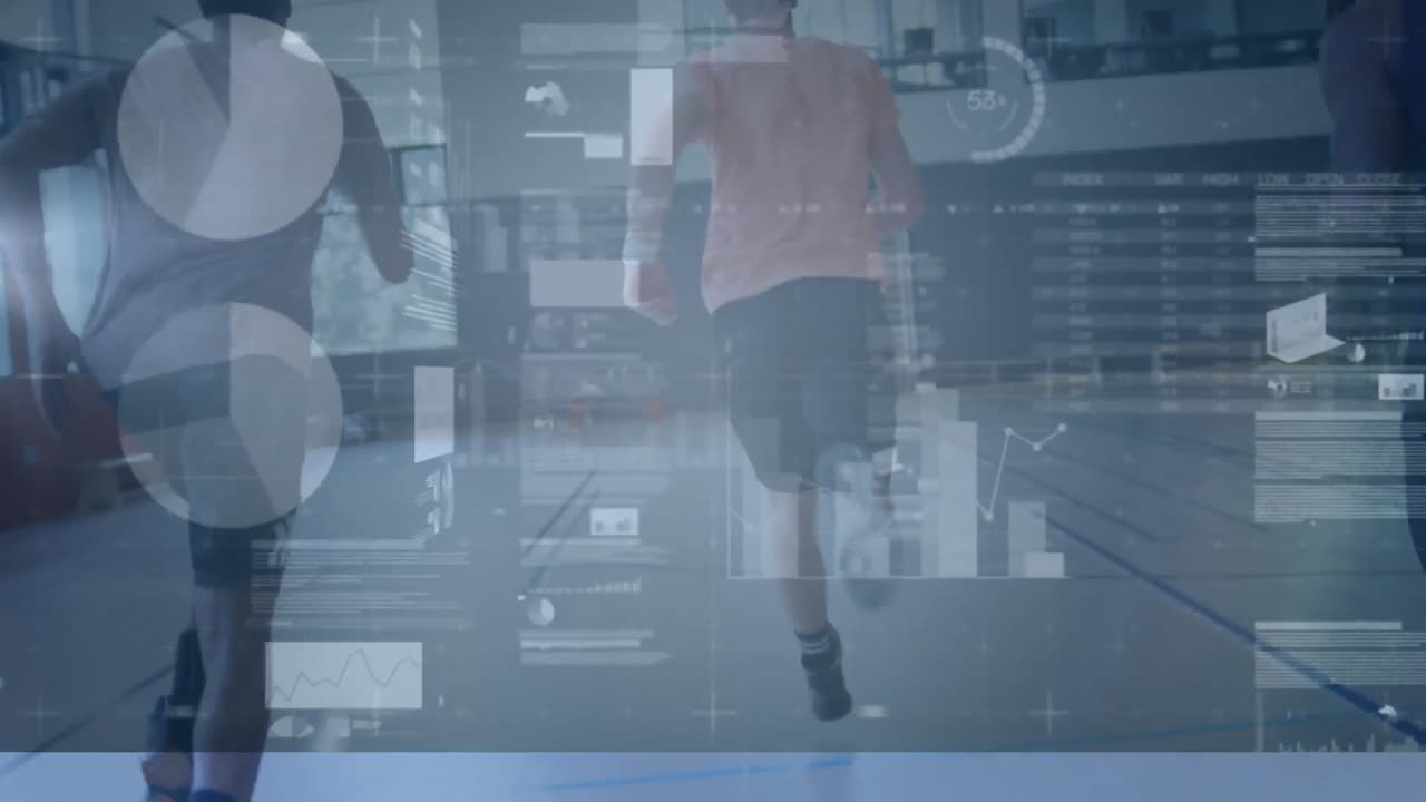 animación del procesamiento de datos sobre diversos jugadores de baloncesto en el gimnasio