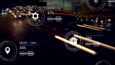 animation of icons with data processing over street with cars