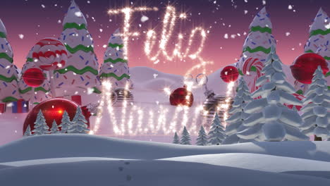 animación de saludos de navidad texto sobre decoraciones de navidad en el paisaje de invierno.