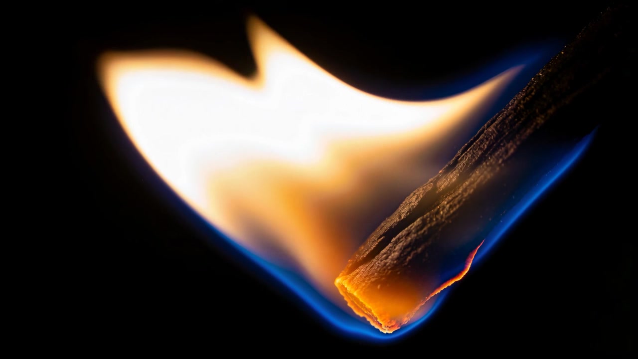 Burning matchstick showing white-yellow core, blue rim, charring tip after strike in dark studio