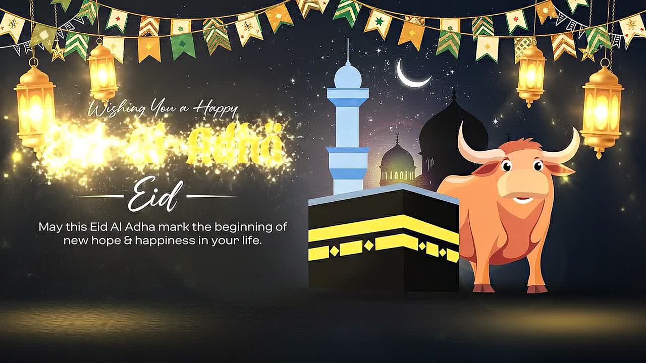 Eid Al Adha greeting animation banner scene with Kaaba cow mosque silhouette lanterns and festive bunting