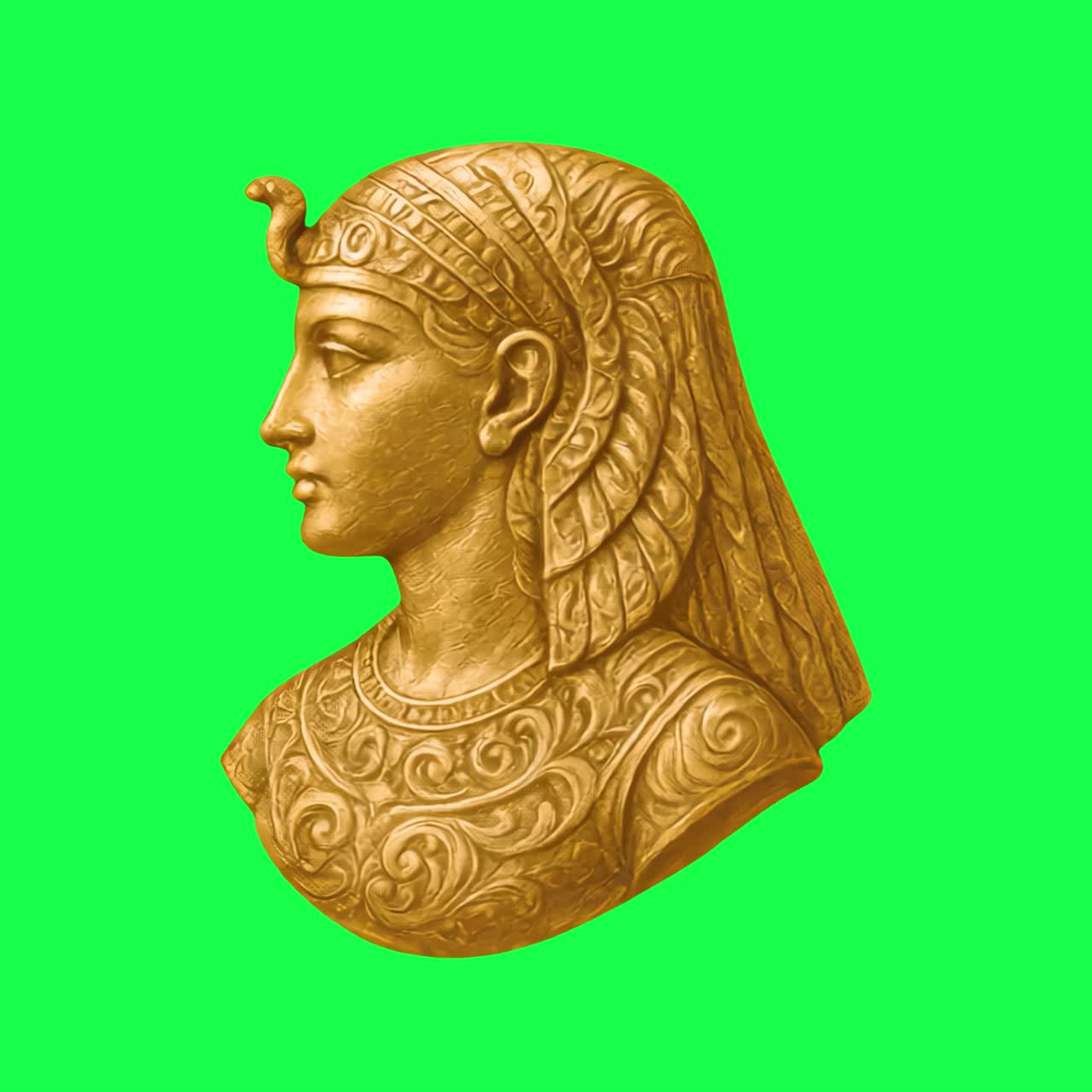 Golden Cleopatra bust profile view animation, transparent 4K video, green screen