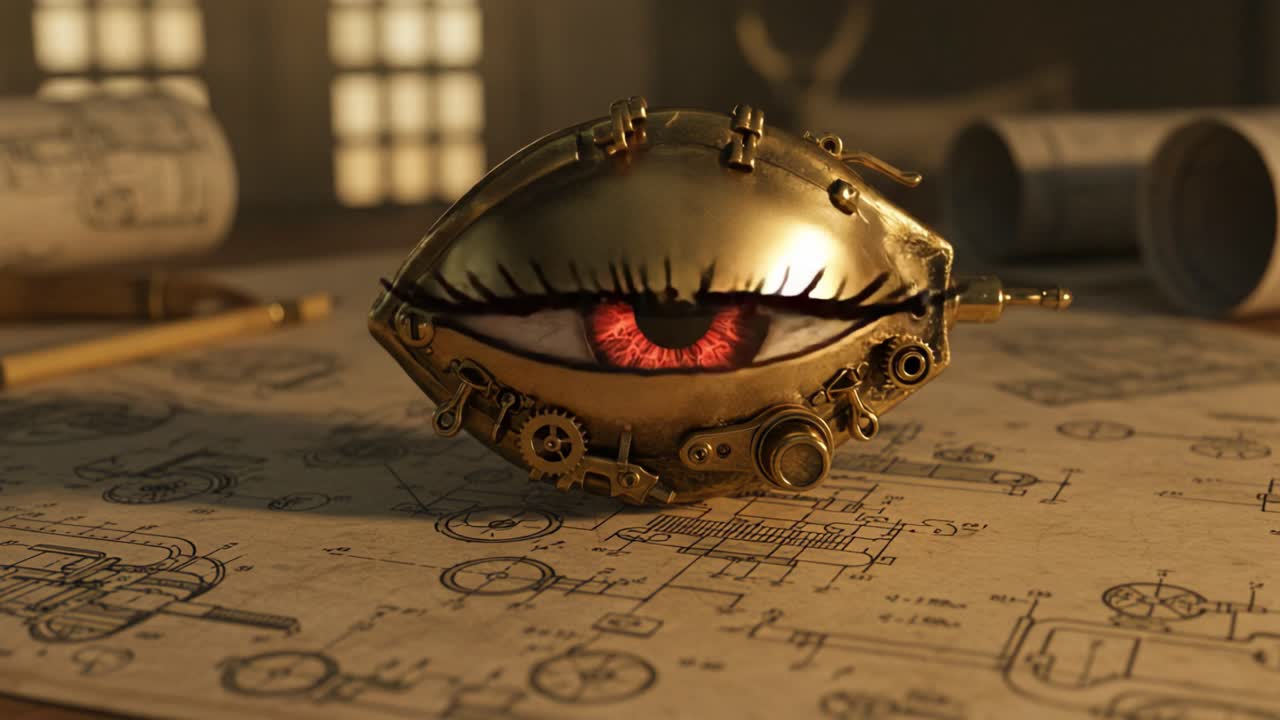 Intricate Steampunk Eye Design Featuring Mechanical Elements and a Vibrant Red Iris, Set Against Detailed Technical Drawings and Industrial Aesthetics