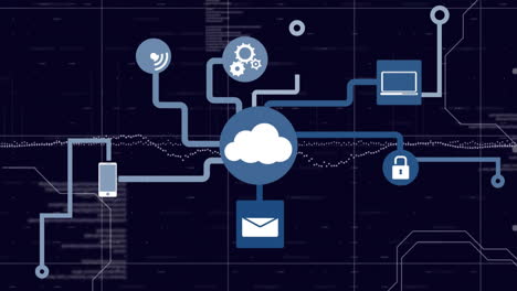 Animation-of-cloud-icon-with-connections-and-data-processing-over-dark-background