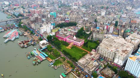 ahsan manzil museum in dhaka city, bangladesh beside buriganga river. aerial view