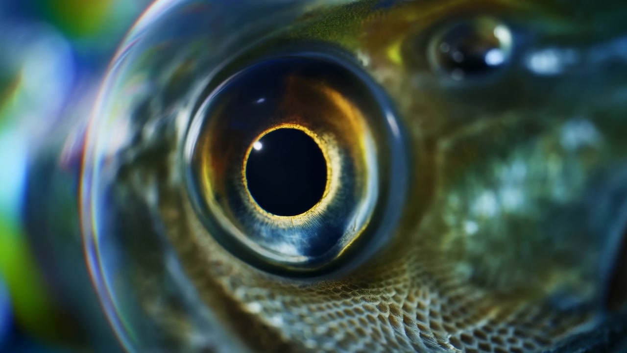 Uno scatto macro ipnotizzante di un occhio di pesce in un tranquillo ambiente sottomarino, che mostra riflessi ed effetti di luce. L'ambiente sereno evidenzia i dettagli intricati dell'occhio del pesce.