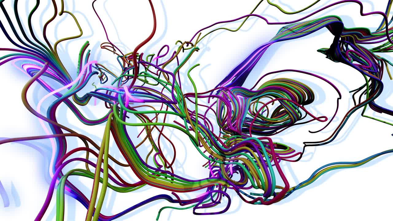 4k abstracto en bucle bg. flash multicolor de líneas curvas. concepto de red neuronal, inteligencia artificial. corriendo luces de neón como guirnaldas o relámpagos. señales ai. luma mate como canal alfa