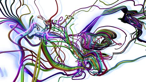 4k abstract looped bg. flash multicolor di linee curve. concetto di rete neurale, intelligenza artificiale. luci al neon in esecuzione come ghirlande o fulmini. segnali ai. luma matte come canale alfa