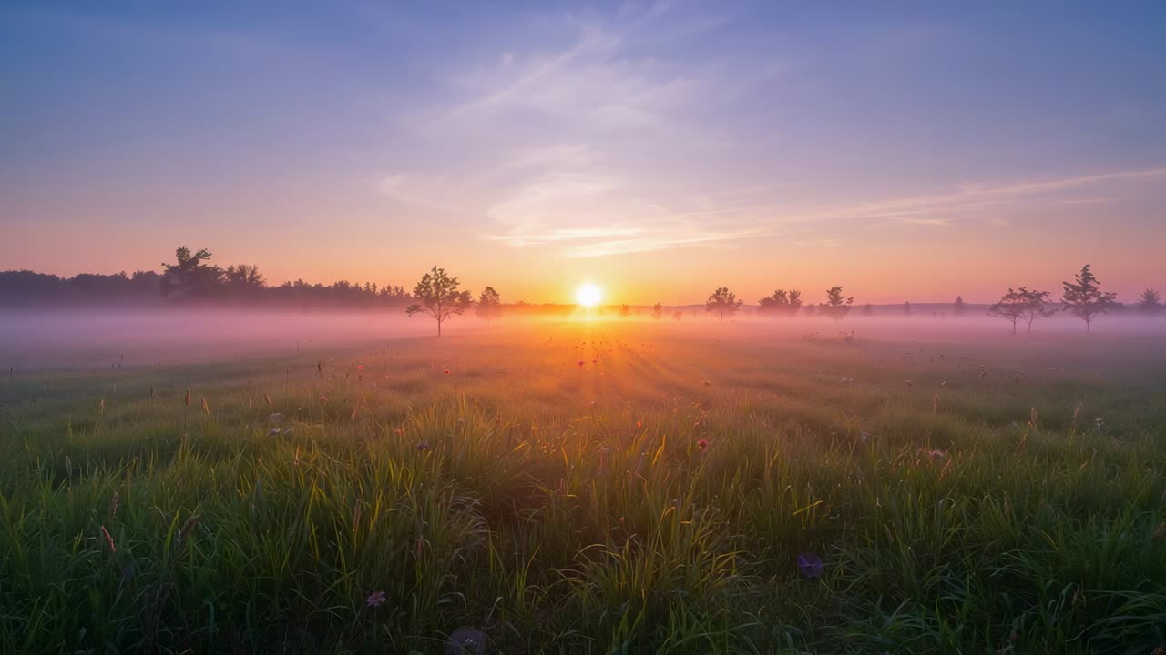 Rising sun piercing horizon, warming air, lifting mist and illuminating grassy meadow at dawn