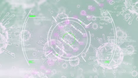 Animation-of-dna-rotating,-virus,-data-processing-with-hud-on-digital-interface