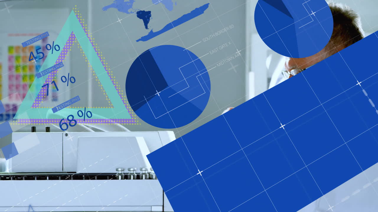 In laboratory, scientist analyzing data charts with animation overlay on screen