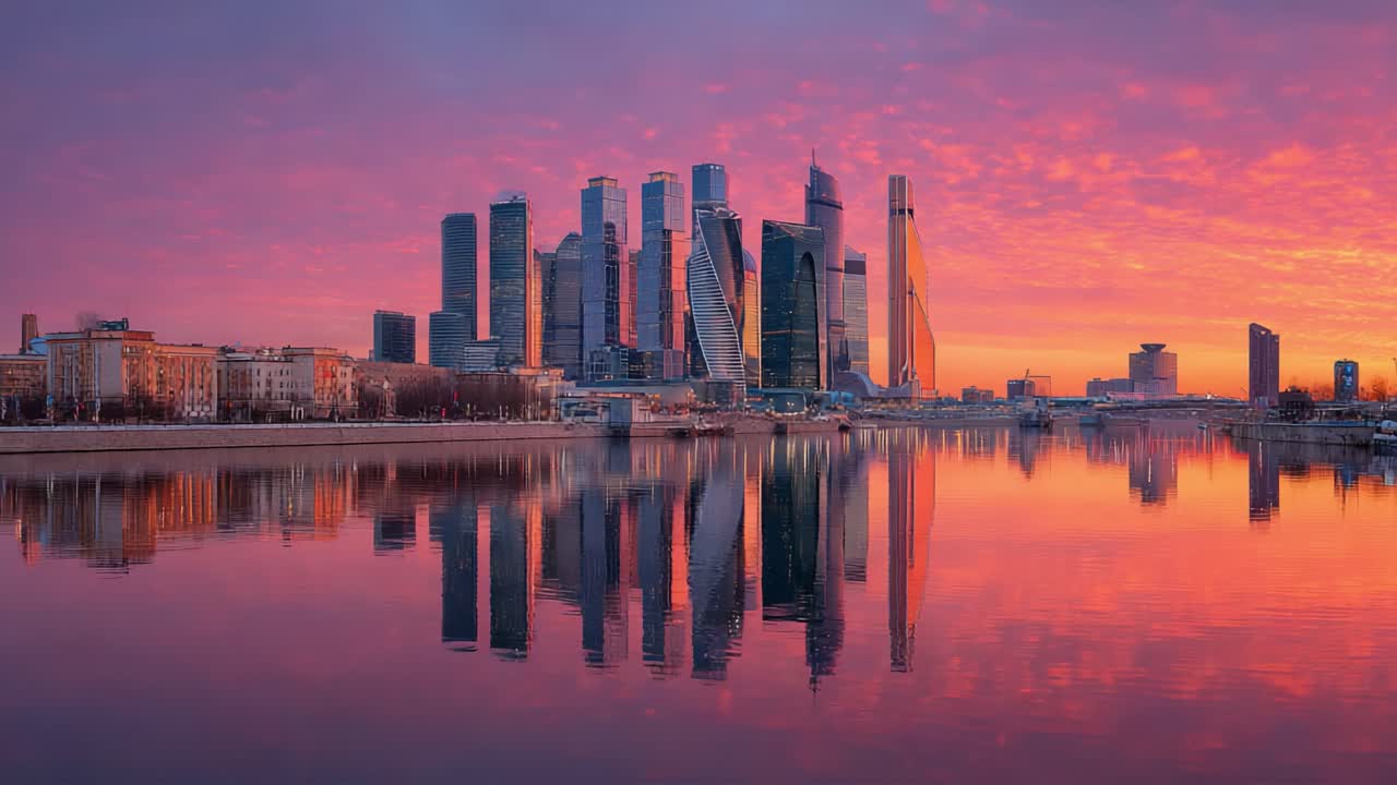 Pôr do sol espetacular sobre os arranha-céus da cidade: um reflexo de tirar o fôlego na água com transição colorida do céu do roxo para o laranja em paisagem urbana