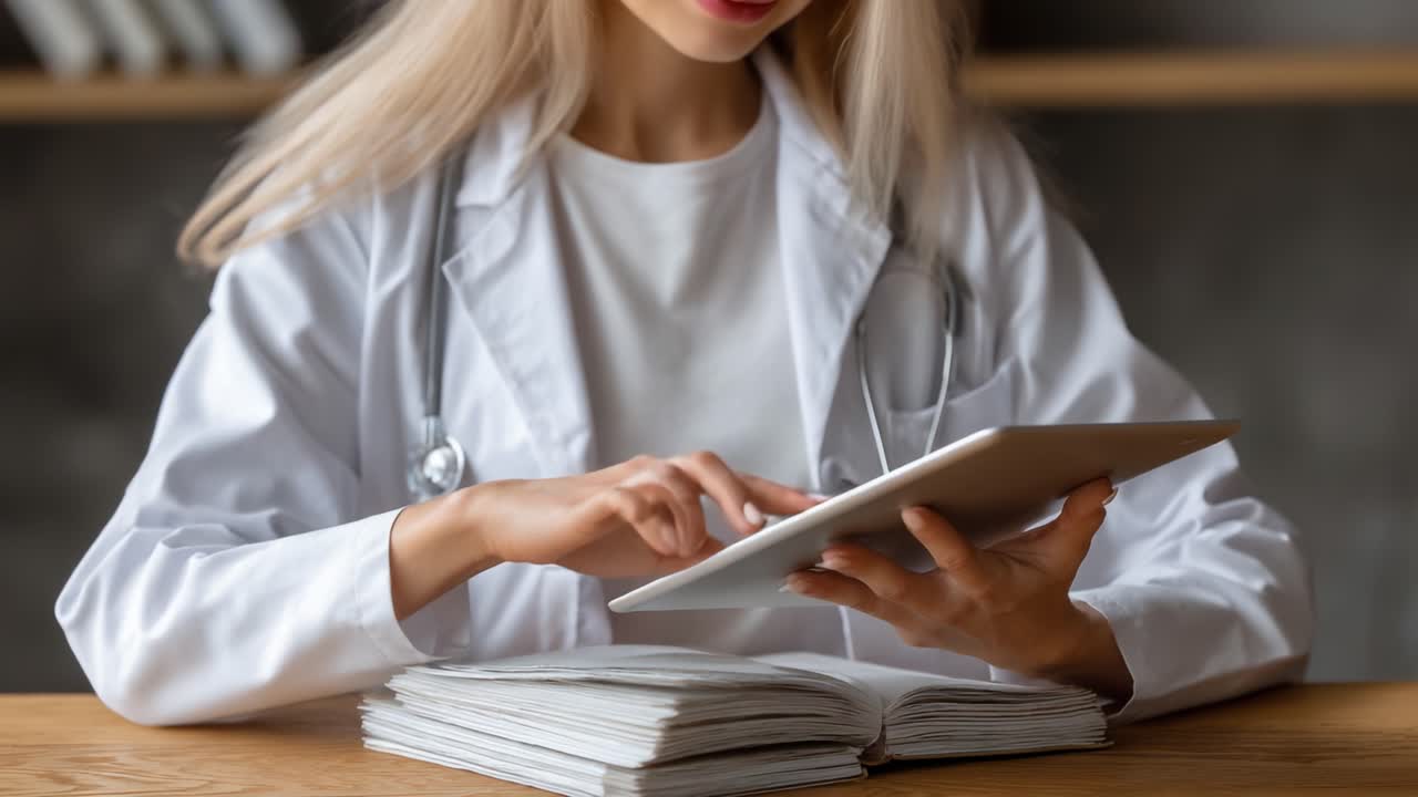 A Focused Medical Professional Engaging with Digital Tools while Reviewing Paperwork in a Modern Clinical Environment