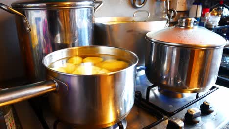 silver pots cooking christmas food on hot gas stove in family kitchen preparing dinner