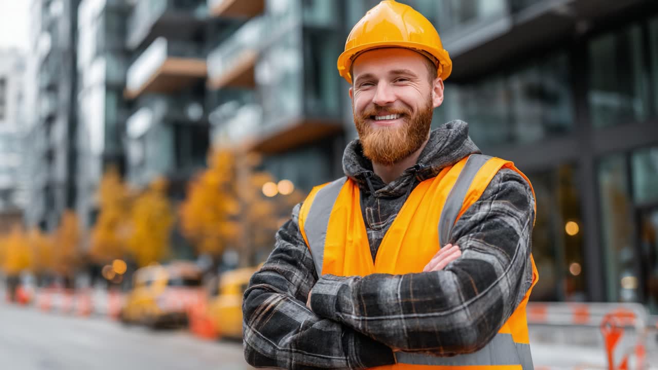 A confident construction worker in a vibrant orange safety vest and helmet stands proudly on a busy urban site, ready to tackle the day’s challenges ahead