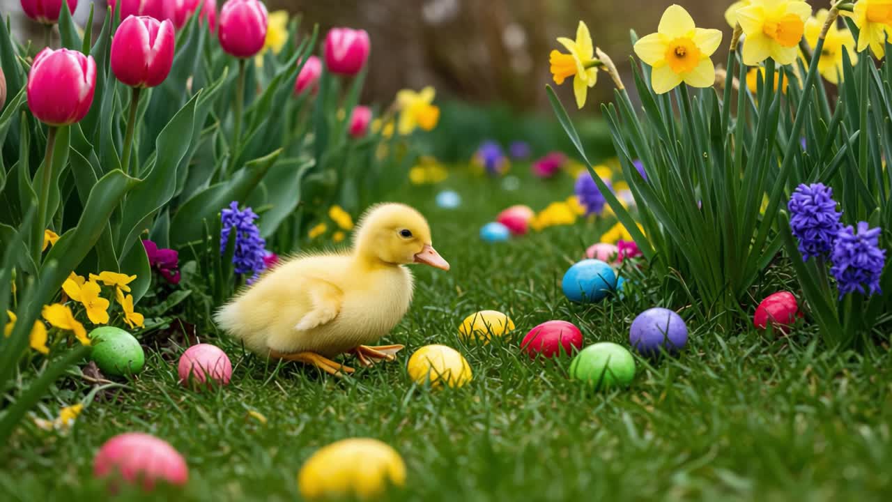 A Charming Spring Scene Featuring a Playful Duckling Among Vibrant Flowers and Colorful Easter Eggs in a Fresh Green Garden Setting