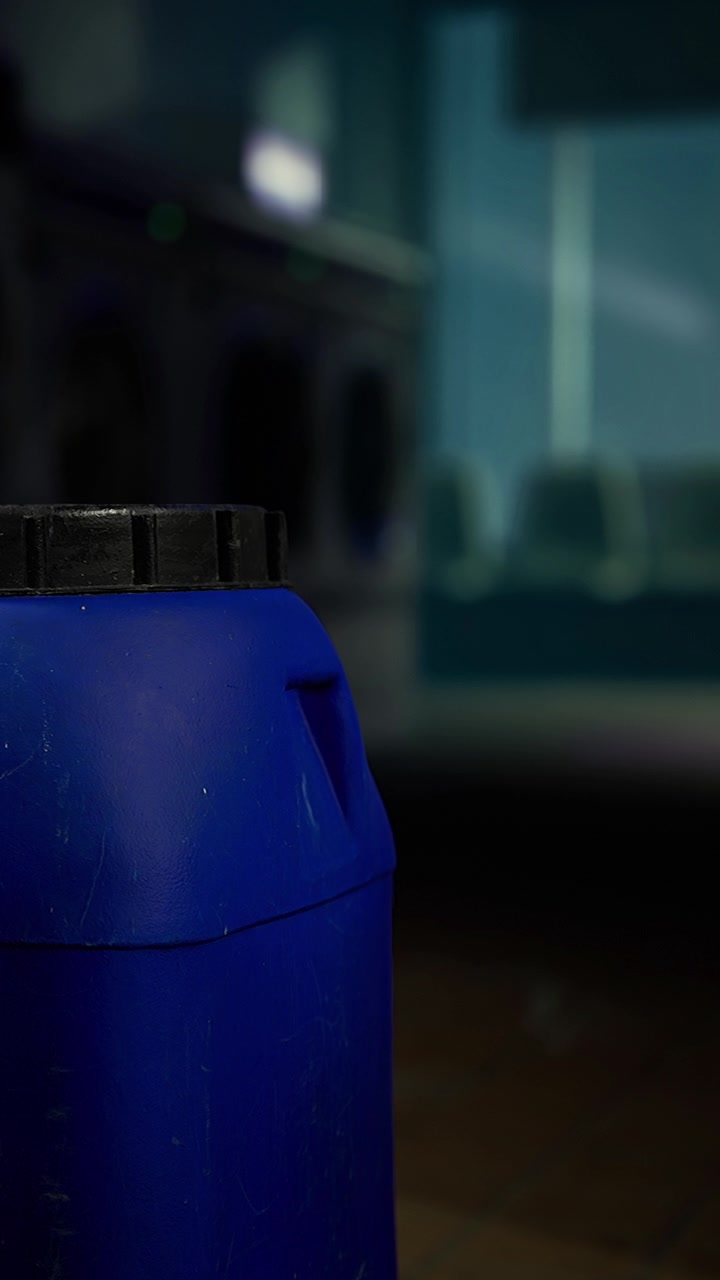 Contenedor azul en un cuarto de lavado por la tarde
