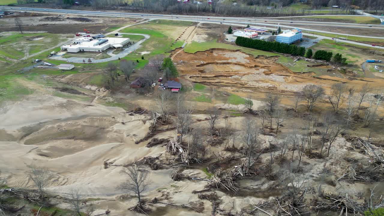 4K Aerial Drone Video of Erosion and Debris Around Hospital, Hotel, Barn, and Cabin Caused by Flooding of Nolichucky River in Erwin, TN after Hurricane Helene (2024)
