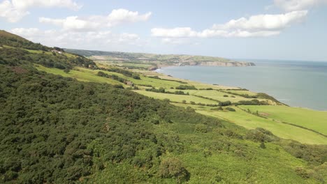 Aerial-shot-of-North-Yorkshire-coastline-,-Robin-hoods-bay,-green-fields-and-ocean