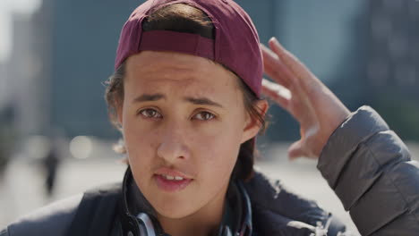 close up portrait relaxed young teenage boy looking confident enjoying urban lifestyle in city happy student commuting slow motion