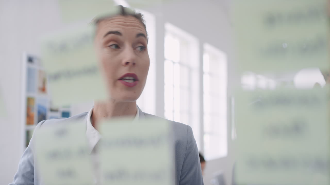 equipo de negocios corporativo usando notas adhesivas lluvia de ideas estrategia de resolución de problemas en pizarra de vidrio pensando en una solución para la fecha límite del proyecto en la oficina