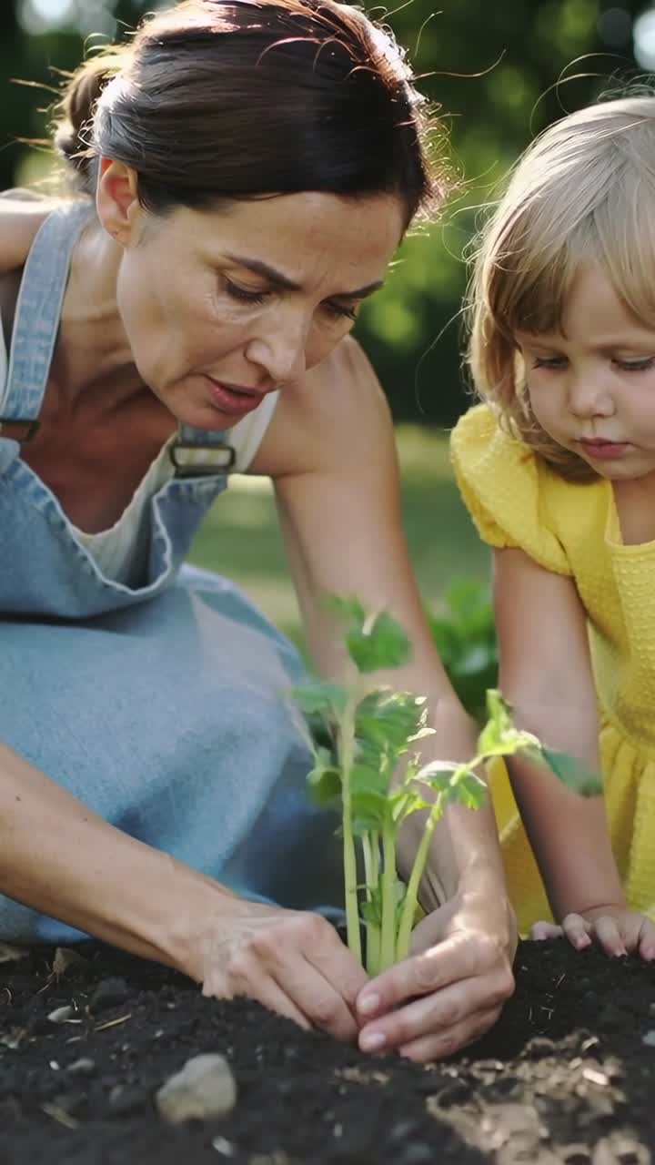 Vertical video: Pointing, adult woman teaching child planting seedling in yard, wearing denim apron