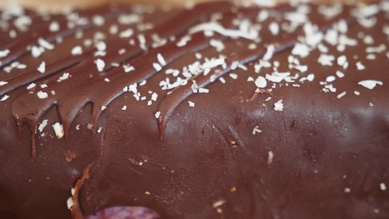 Chocolate dessert with white sprinkles